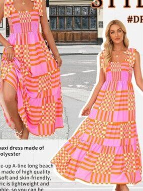Women's Summer Maxi Dress Boho Spaghetti Straps Casual Long A-line Smocked Beach